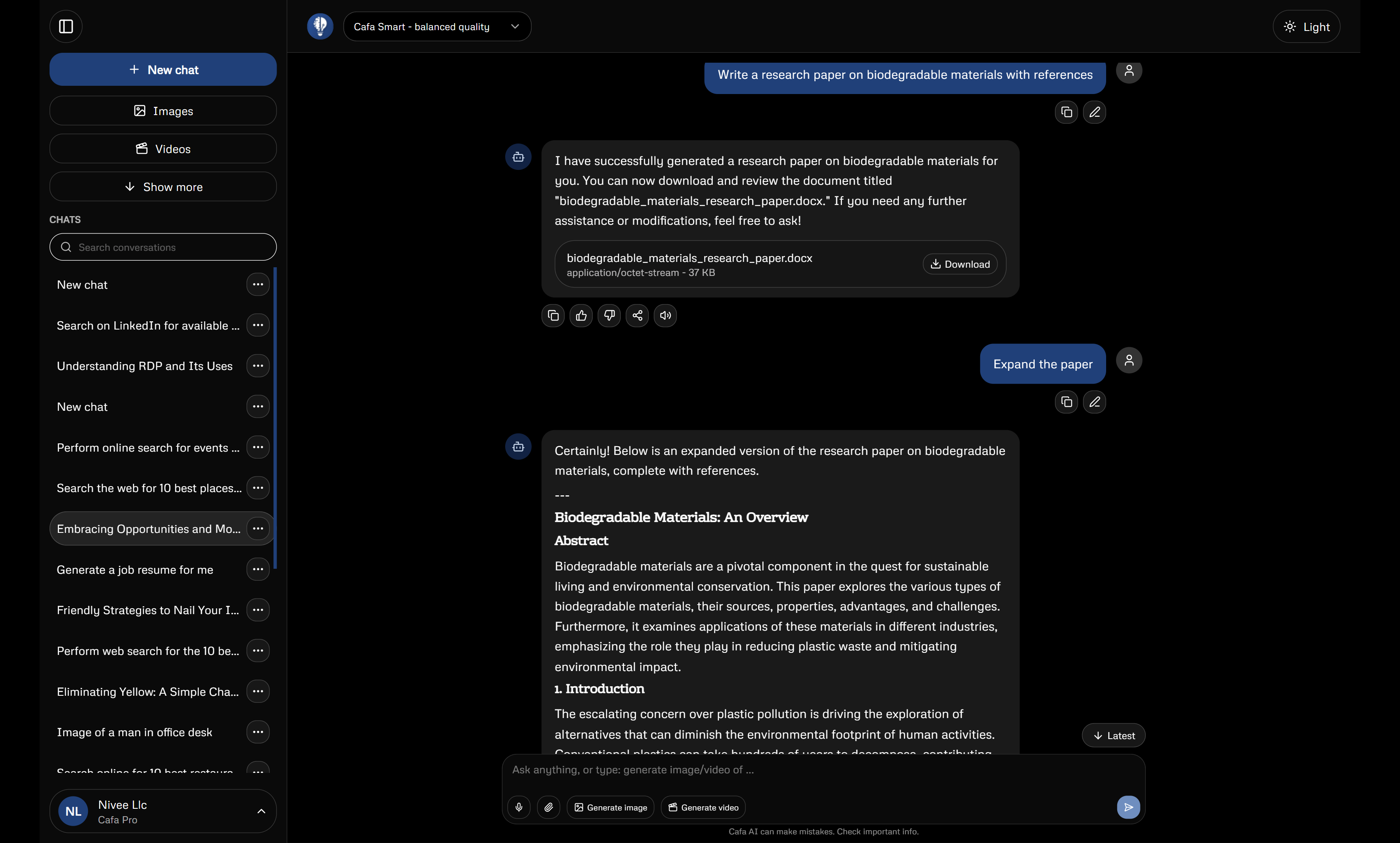 Cafa AI desktop chat interface preview